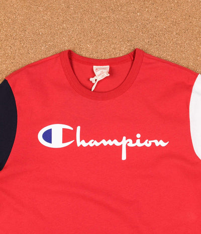 Champion Reverse Weave Tricolour Script Logo T-Shirt - Red / Navy / White
