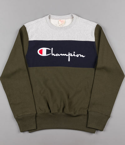 Champion Script Logo Crewneck Sweatshirt - Heather Grey / Navy / Green