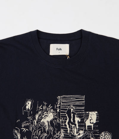 Folk Charm Print T-Shirt - Navy