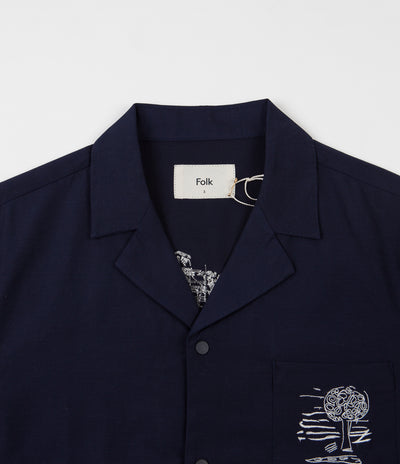 Folk Soft Collar Shirt - Charm Embroidery Navy