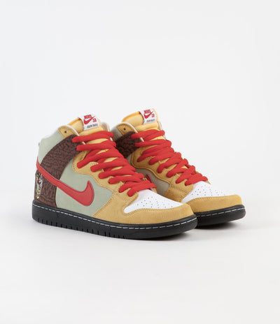 Nike SB Dunk High Pro 'Kebab and Destroy' Shoes - Topaz Gold / Chile Red - Fauna Brown - White - Black - Celadon