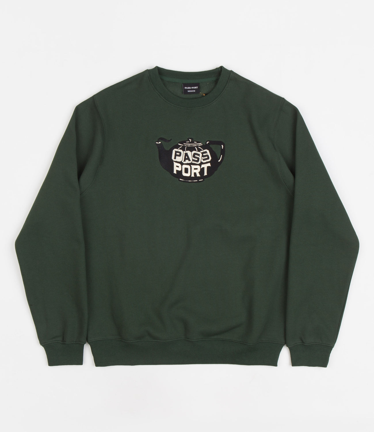 Pass Port Tea Pot Embroidery Crewneck Sweatshirt - Forest Green 