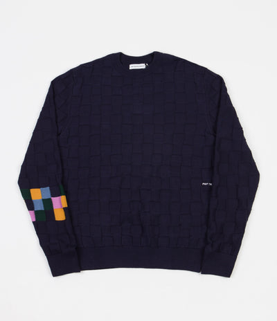 Pop Trading Company Checked Panel Knitted Crewneck Sweatshirt - Navy