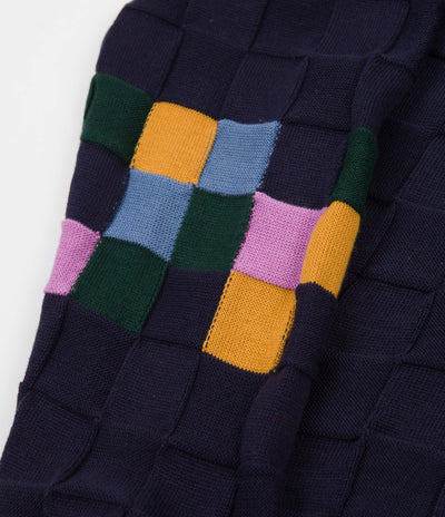 Pop Trading Company Checked Panel Knitted Crewneck Sweatshirt - Navy
