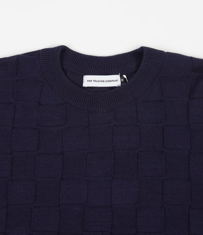 Pop Trading Company Checked Panel Knitted Crewneck Sweatshirt - Navy