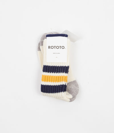 RoToTo Coarse Ribbed Crew Socks - White / Navy / Yellow