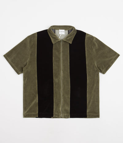 Skateboard Cafe Full Zip Velour Stripe Shirt - Olive / Black