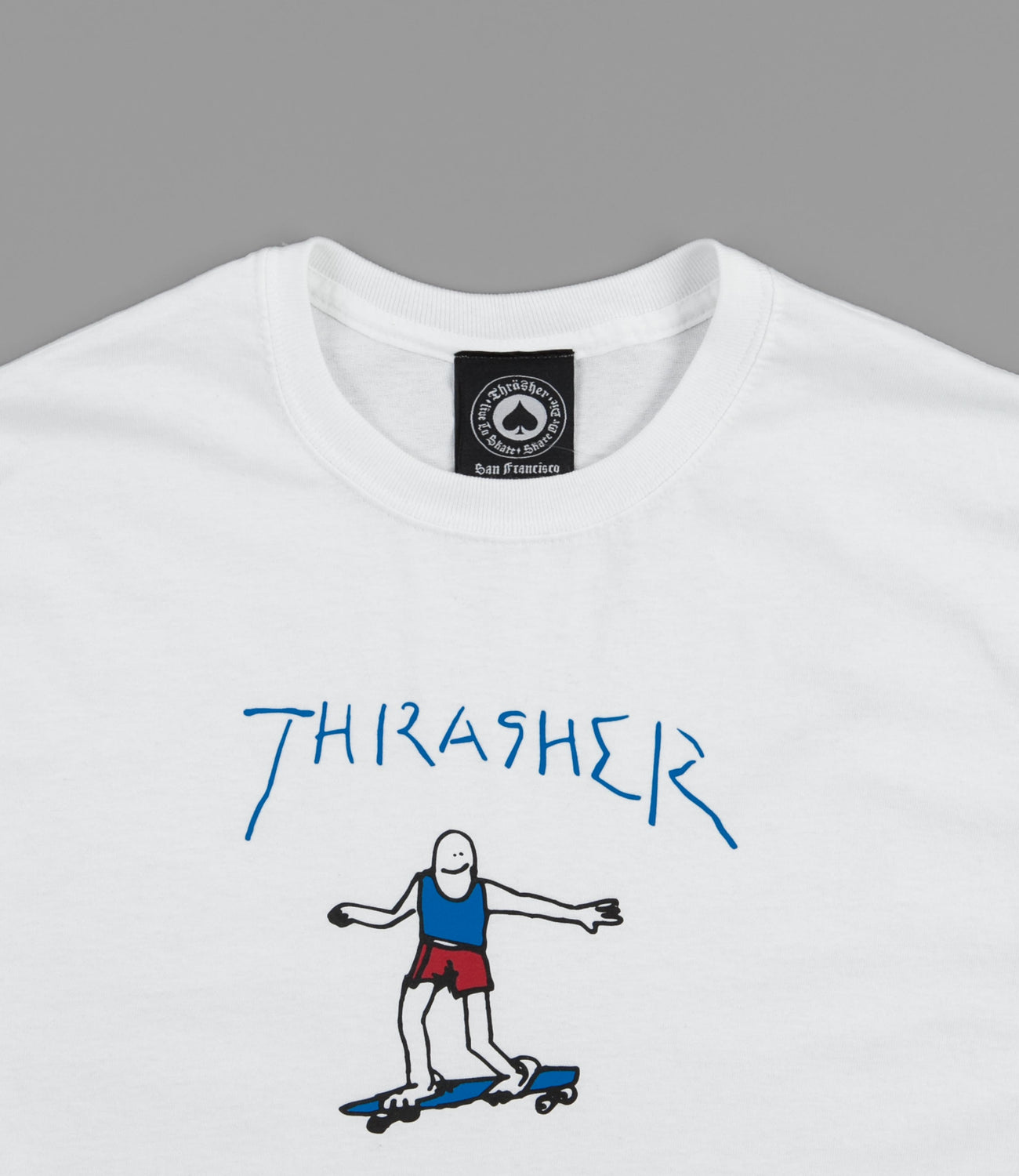White and blue thrasher shirt cheap